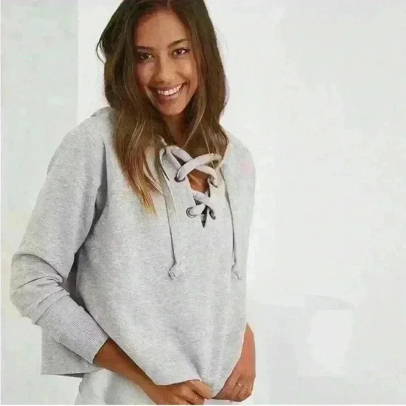Aerie Lace Up Cropped Light Blue Pullover Oversized Hoodie Women’s Size Small - Picture 1 of 7